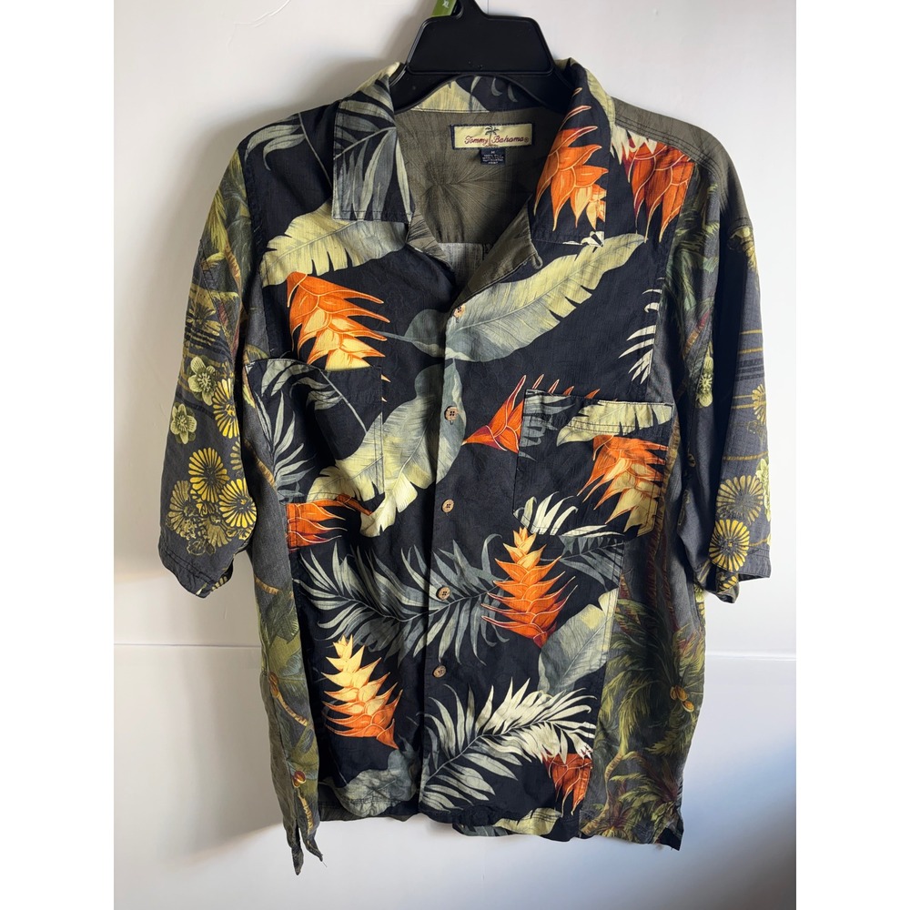 Tommy Bahama Mens M 100% Silk Tropical Patchwork Palm Floral Camp Shirt Olive
